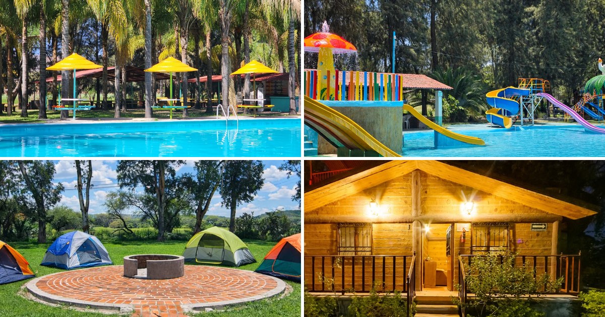 Cuatro vistas del Parque Girasoles: alberca con palapas, toboganes, zona de camping y cabaña de madera
